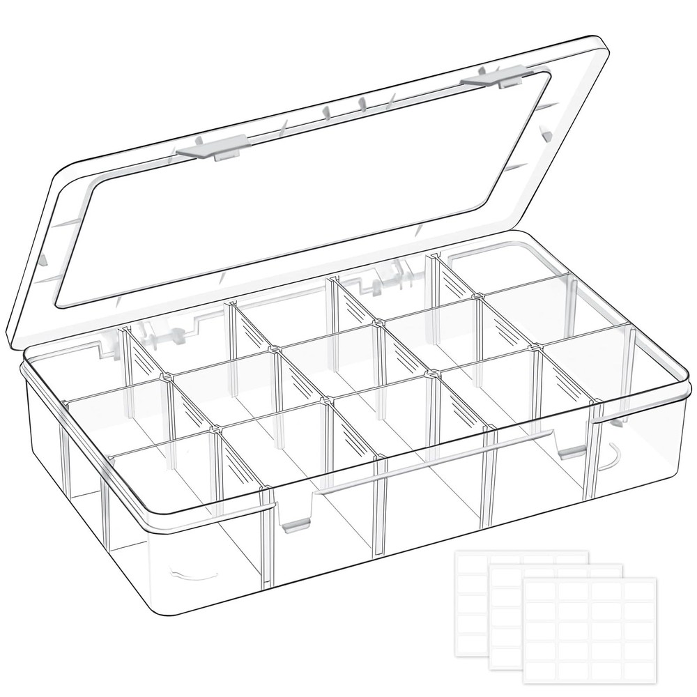 15-Grid Clear Plastic Organizer Box with Adjustable Dividers for Crafts & Storage