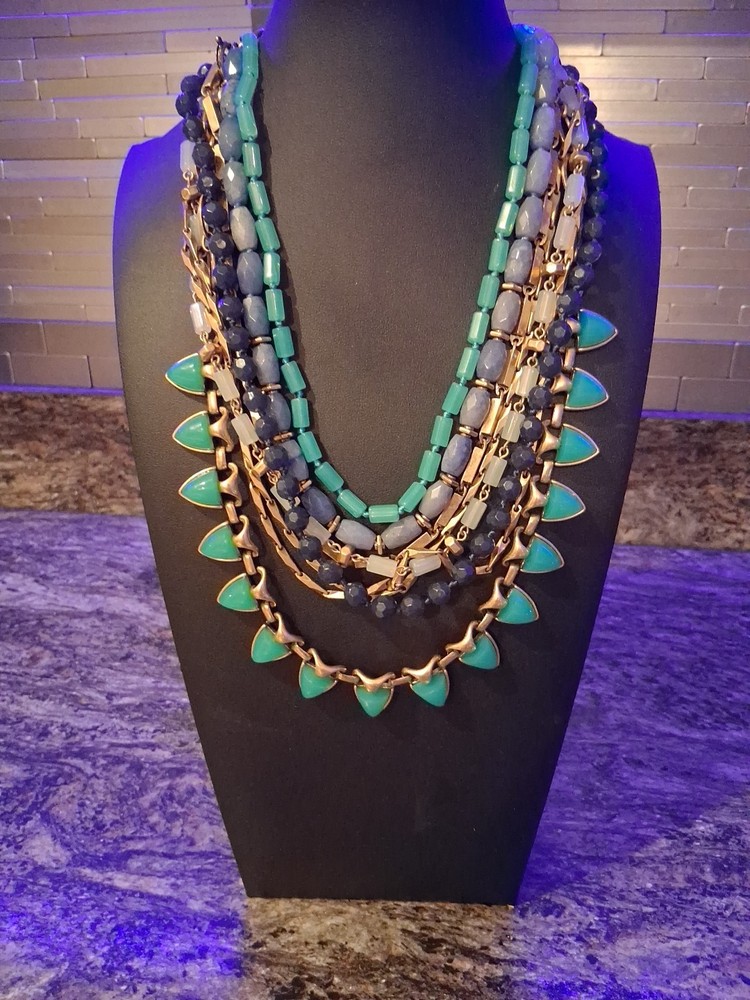 Stella & Dot Green Blue Gold Sutton Stone Multilayer Statement Necklace DT16