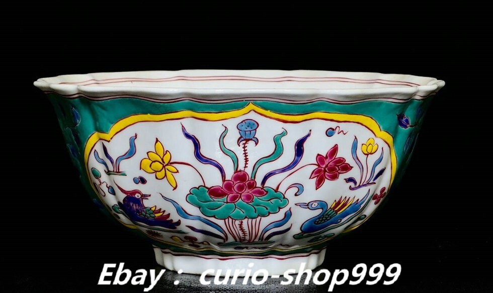 9-Inch Ming Xuande Year Wucai Porcelain Lotus Leaf Mandarin Duck Bowl Statue