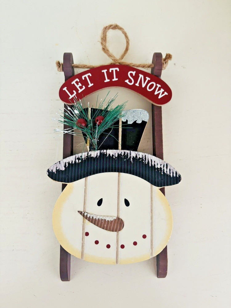 Wood Snowman Christmas Ornament Let It Snow Sled Rustic 7