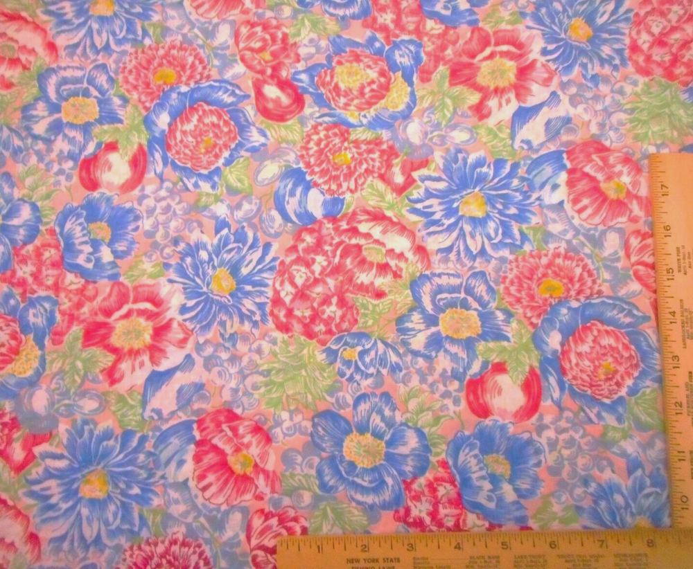 Quilt Fabric By The Yard Blue Pink Floral Green Leaves on Light Pink Cotton