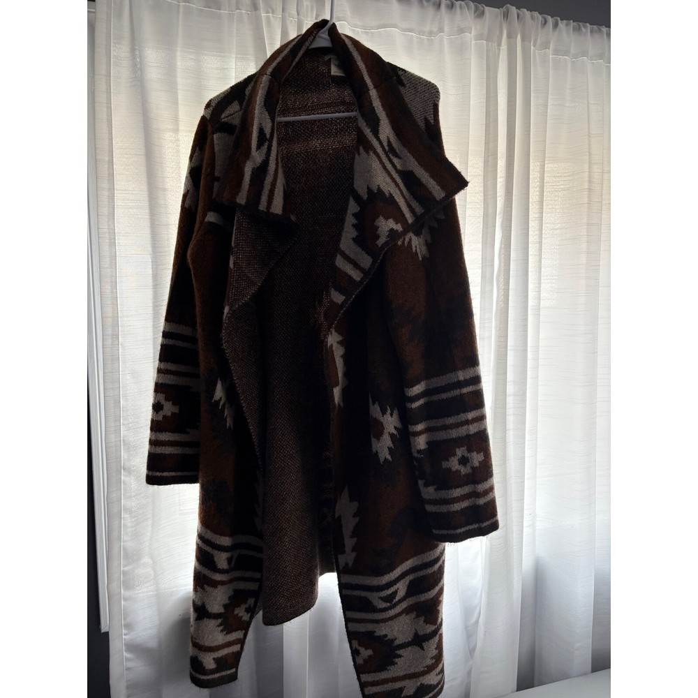 Max Studio Aztec Duster Cardigan Open Front Brown Tan Boho Medium
