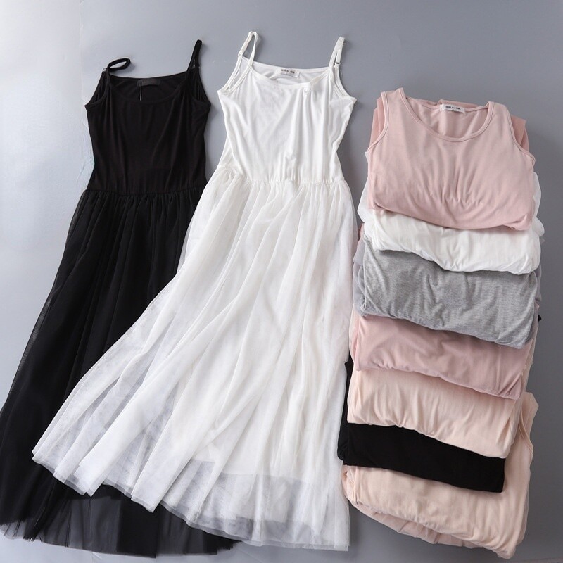 Women Midi Dress Extender Long Tank Mesh Layer Camisole Modal Tutu Tulle