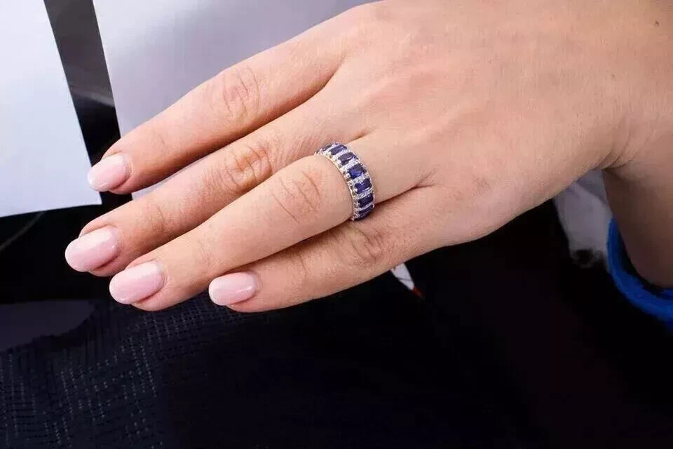 5Ct Natural Tanzanite Moissanite Eternity Ring 14K White Gold solid Size Us7