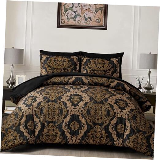 Black Comforter Set Size, Gold Damask Texture 7 Pieces Bed in Queen Black Gold