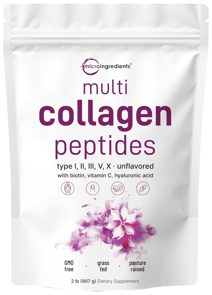 Multi Collagen Peptides Powder with Biotin & Vitamins, 2 lb, Types I II III V X