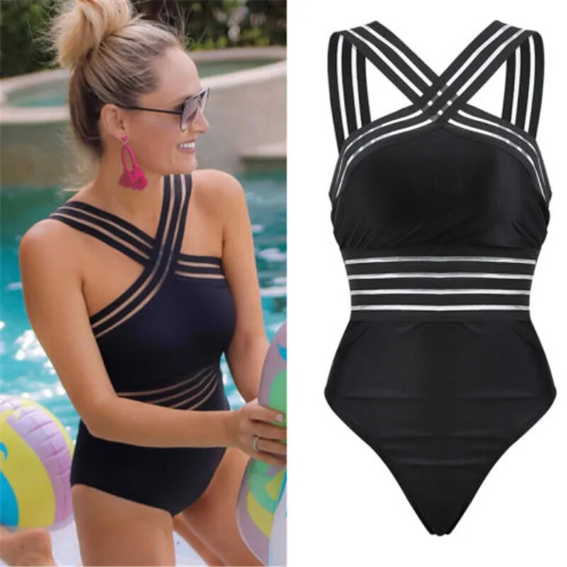 Women Bodysuit Swimsuits Summer One_piece Swimwear For Lady High Neck Bandage