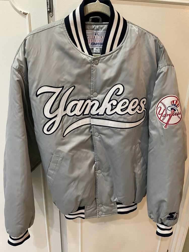 New York Yankees Vintage Starter Bomber Jacket MLB Medium Gray On Navy EXCELLENT