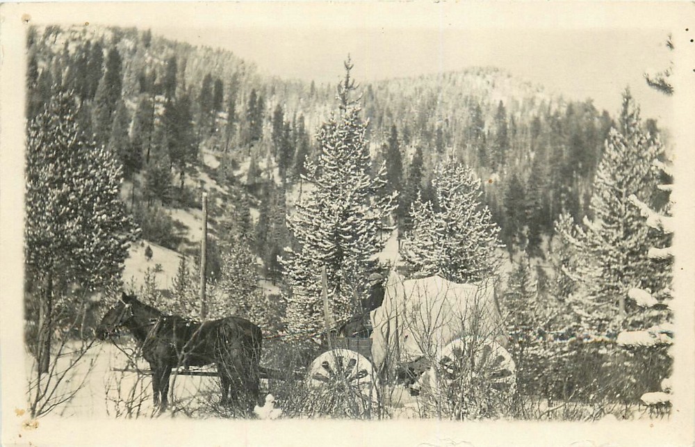 c1910 Covered Wagon winter Snow mountains Postcard RPPC 25-803