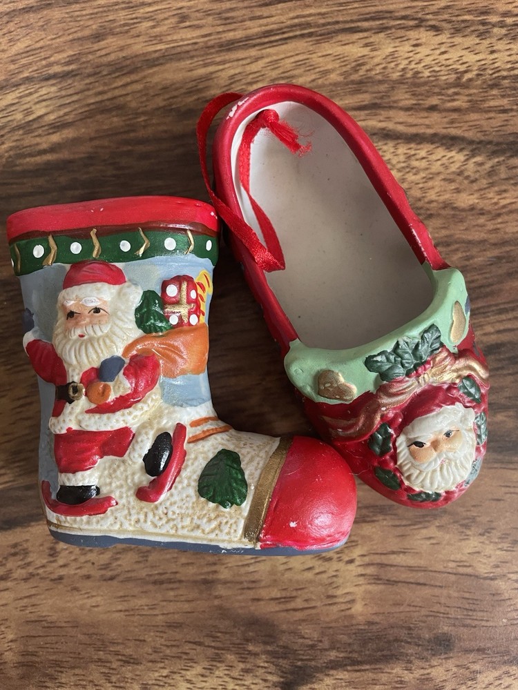 Vintage Santa Claus Christmas Ornaments Boot And Slipper Ceramic Hand Painted