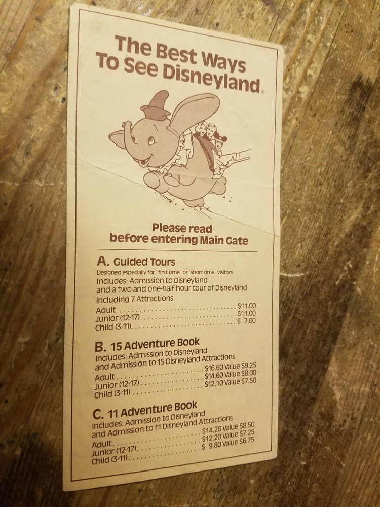 1980s Vintage Disneyland Dumbo Ticket Book Info Folder Original Disney Park Souvenir