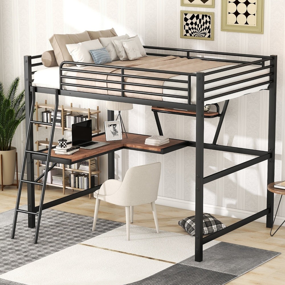 Full Size Black Loft Bed with Desk and Shelf in Metal & MDF-image