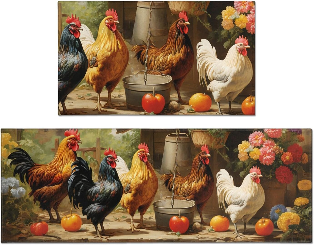 Rooster Kitchen Rugs Sets of 2, Chicken Farmhouse Washable anti Fatigue Kitchen