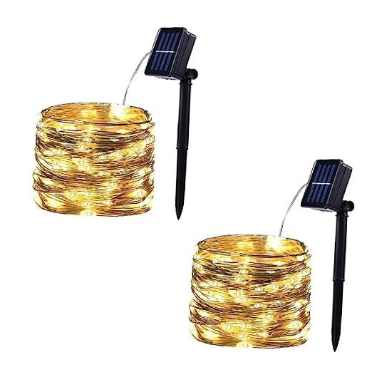 2 Pack 33FT 100 LED Solar String Lights with Copper Wire in Warm White