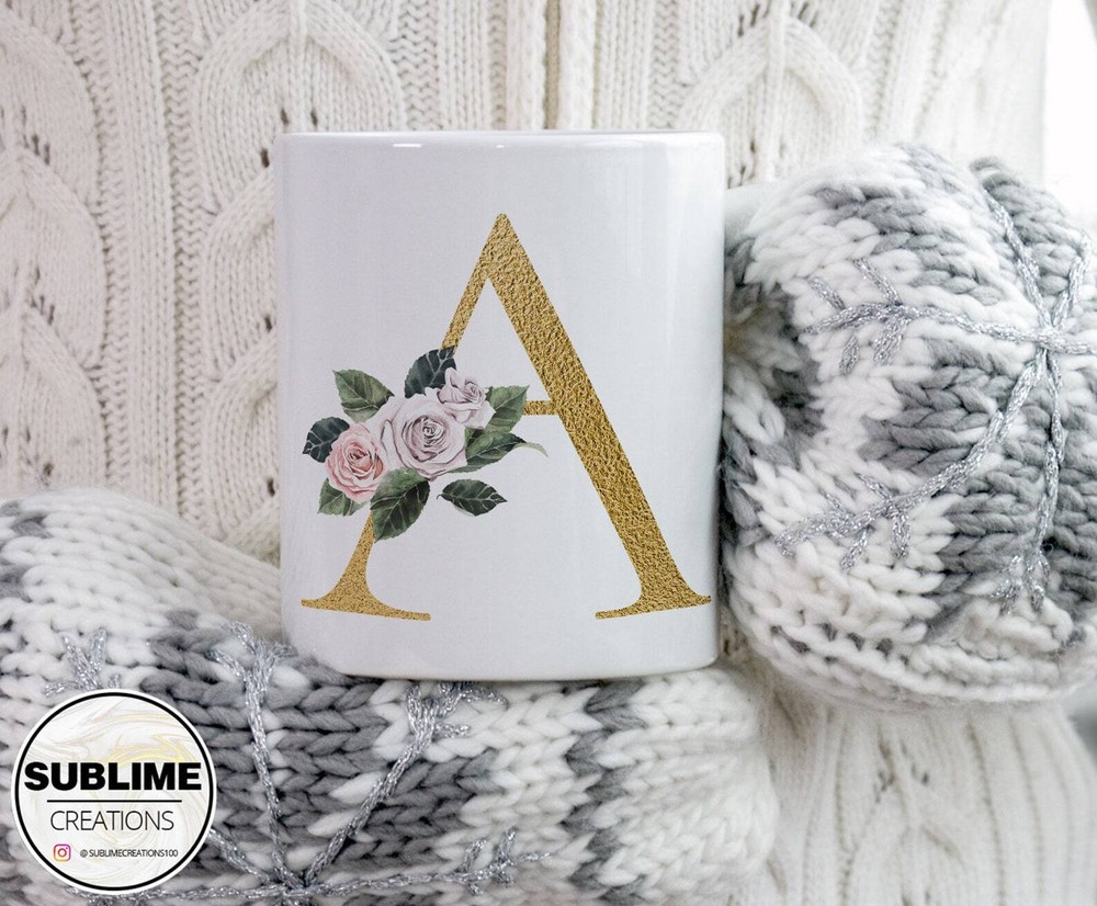 Personalised Initial Mug Any Letter Gold Floral Rose Alphabet Tea Cup Coffee Mug