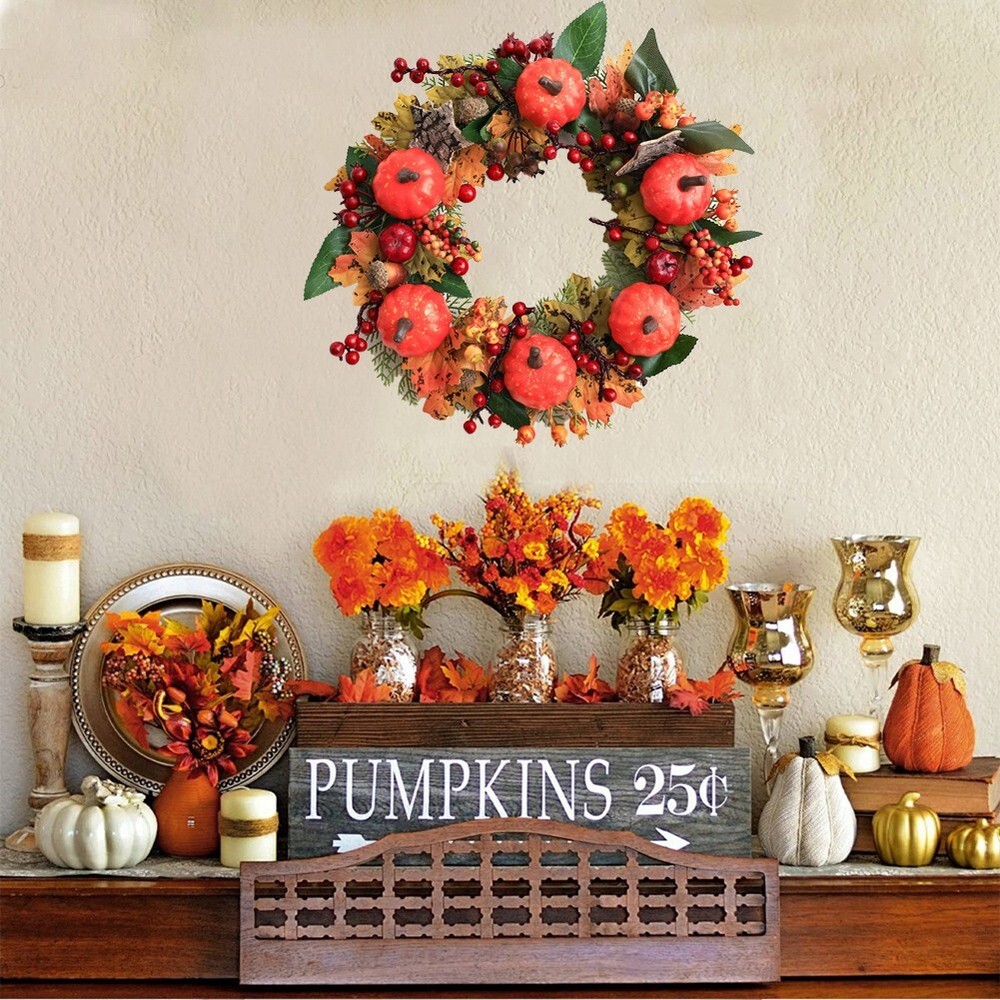 Seasonal Maple Leaf Wreath with Pumpkins for Elegant Autumn Home Decoration-image