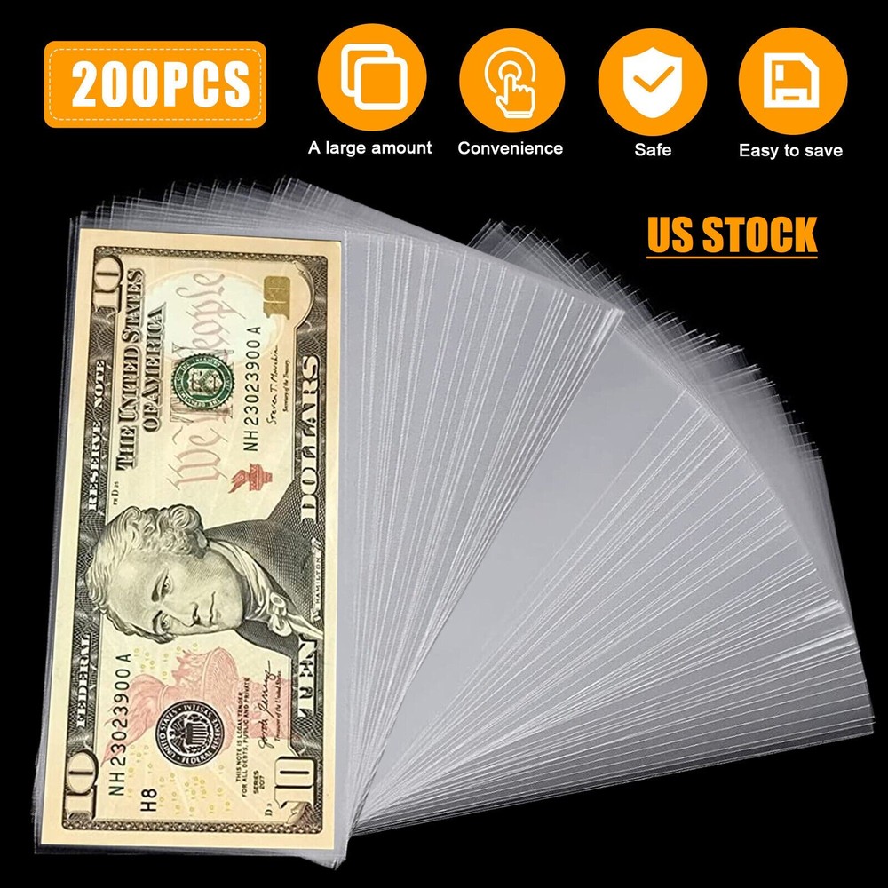 200× Currency Sleeves Paper Money Holder US Size Banknote Storage Protector Case