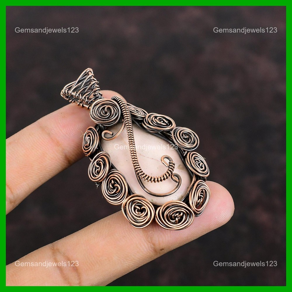 Mothers day Sale Natural Pink Opal Wire Wrapped Flower Pendant Jewelry Copper-image