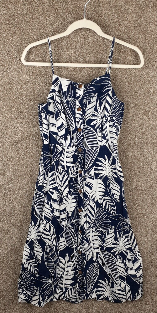 Old Navy Linen Blend Dress Womens M Blue White Tropical Front Buttons Casual NWT