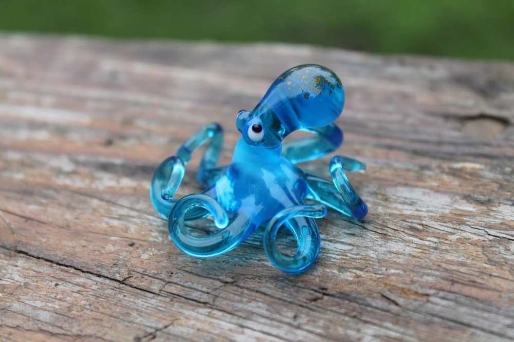 Blue Blown Glass Octopus Figurine Handmade Ocean Art Decor  