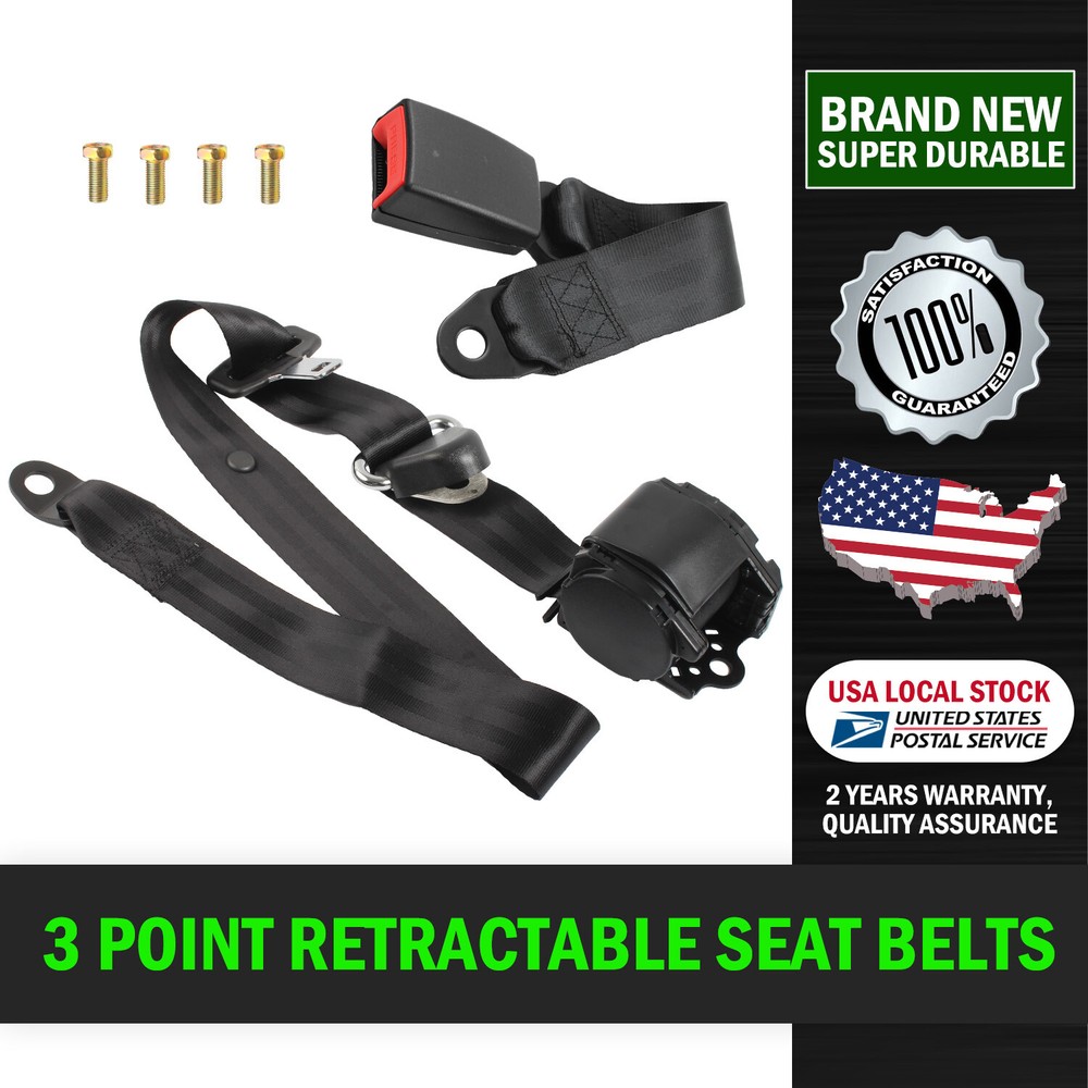 1×Retractable 3 Point Car Safety Seat Belt Lap Diagonal Belt Adjustable Black US