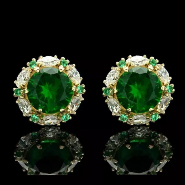 3Ct Lab-Created Green Round Halo Stud Earrings in 14K Yellow Gold