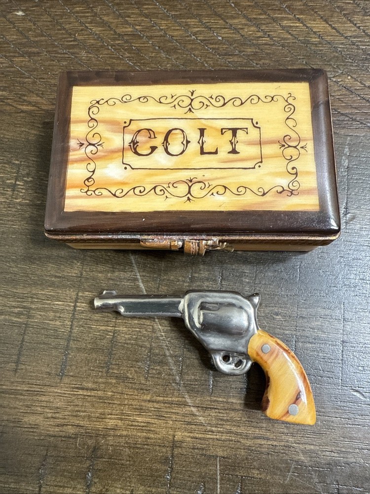 Antique Colt Revolver Trinket Box Limoges France Hand Painted Rare NOS