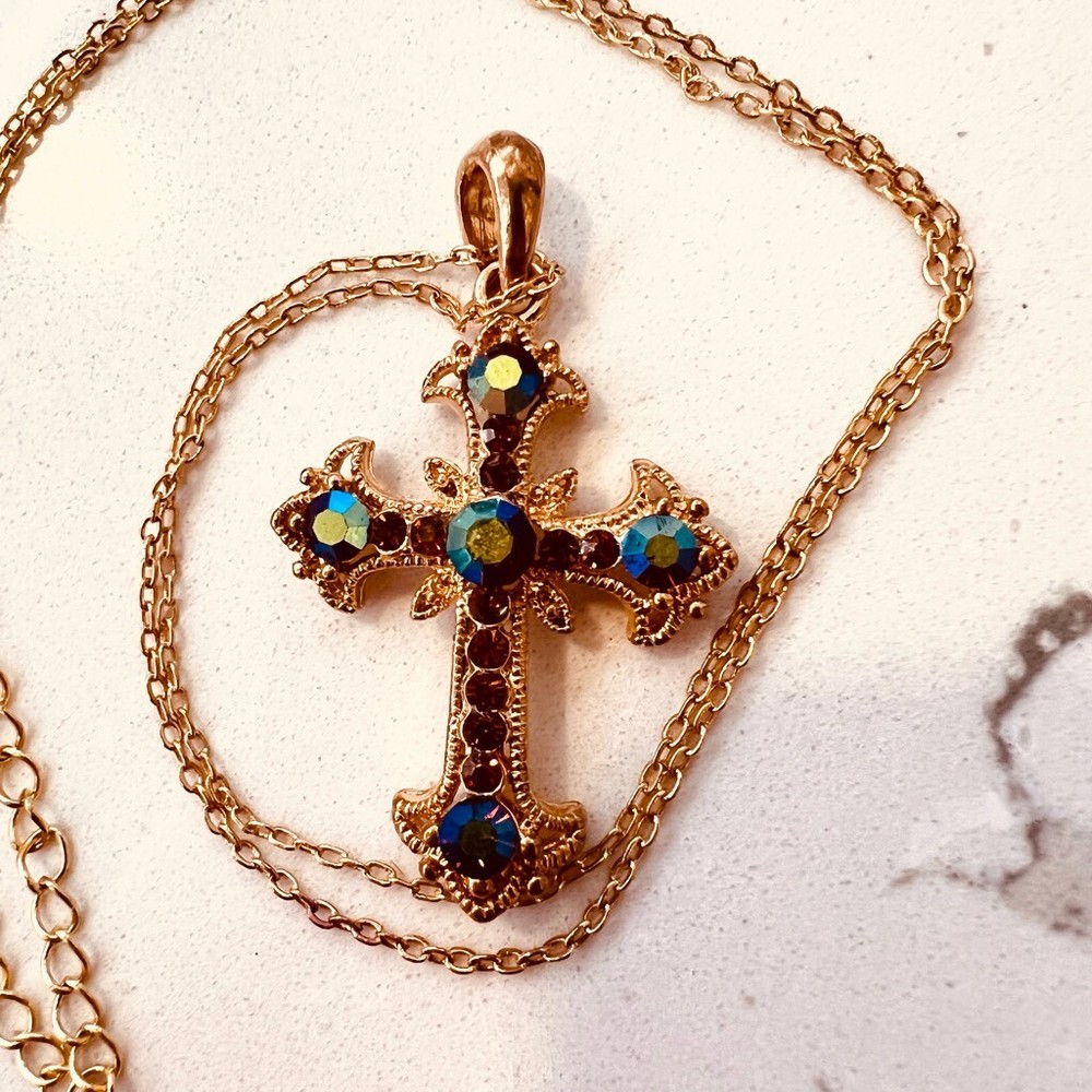 Gold Tone Cross Pendant with Blue / Purple Aurora Crystal Rhinestones Accents