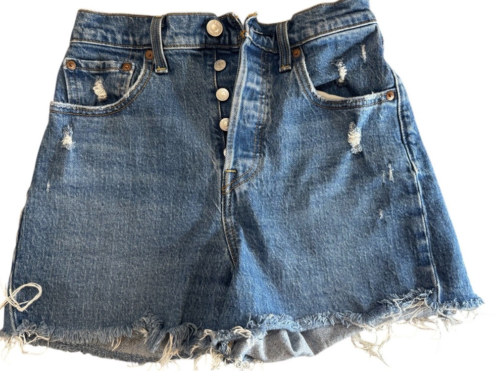 Levi's premium Women's Ribcage Cut Off Denim Shorts Blue Distressed Size 25