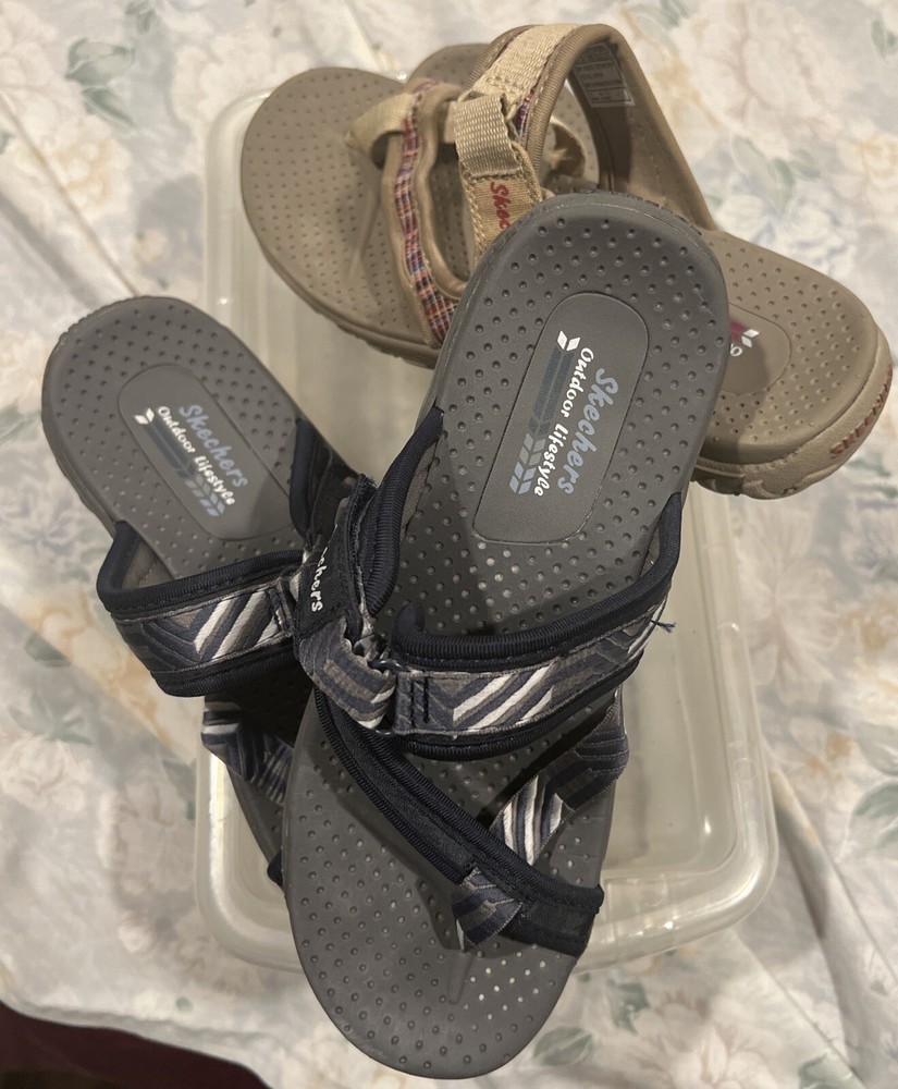 Skechers Reggae Perfect Planning Lot Of 2 Slides Sandals Blue & Tan Pair