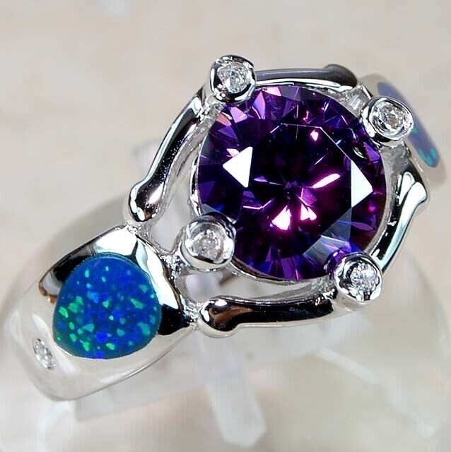3CT Amethyst & Australian Opal Inlay 925 Solid Sterling Silver Ring Sz 8 BA2