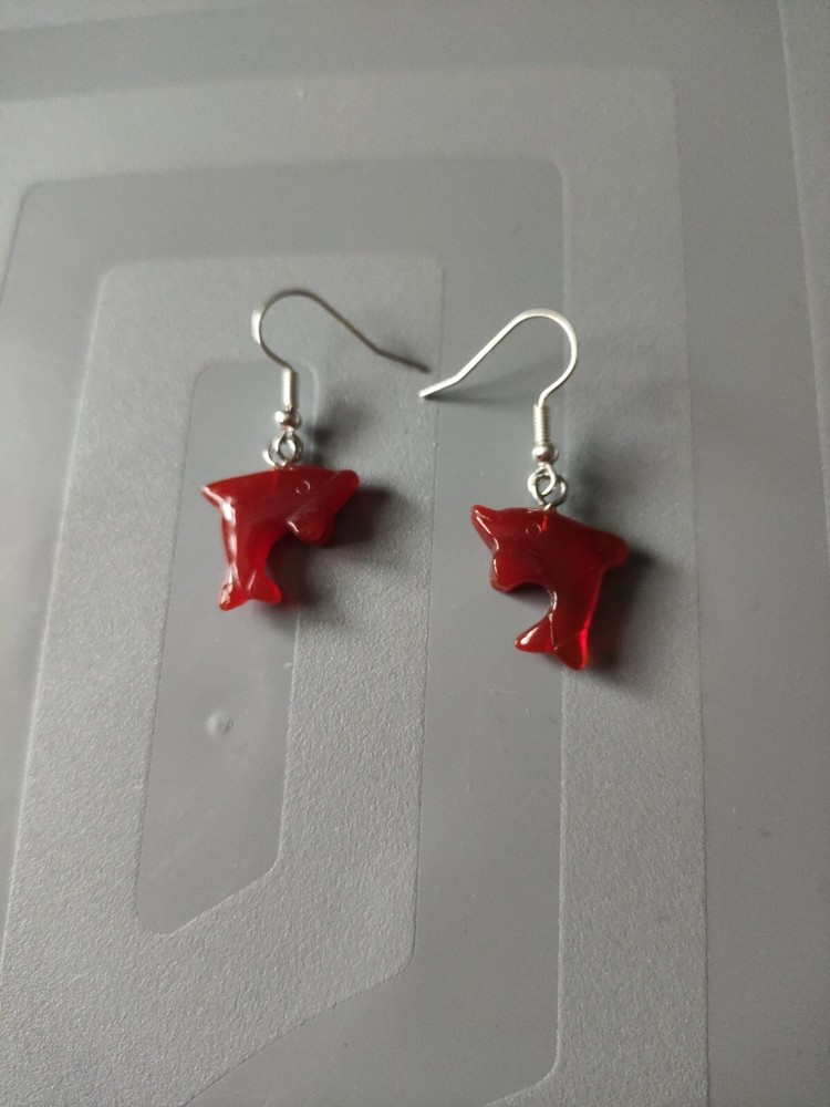 Carnelian Dolphin Silver-Plated Pendant Earrings with Fish Hook Design