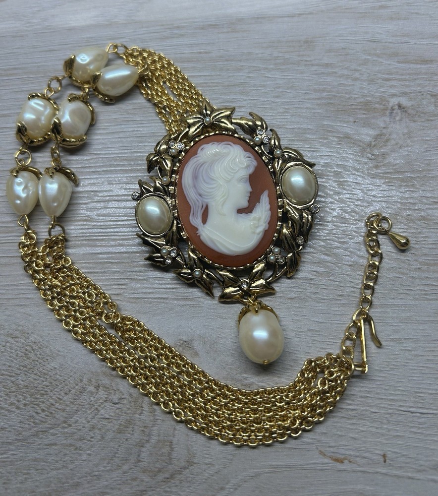 Kenneth Jay Lane For Avon Cameo Pendant And Brooch, Signed KJL Necklace