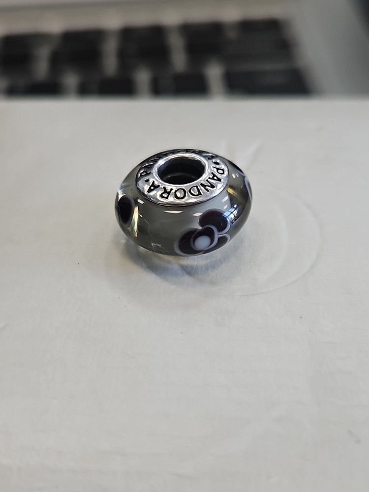 Pandora Sterling Silver Black Flowers Murano Glass Bead Charm 790642 925