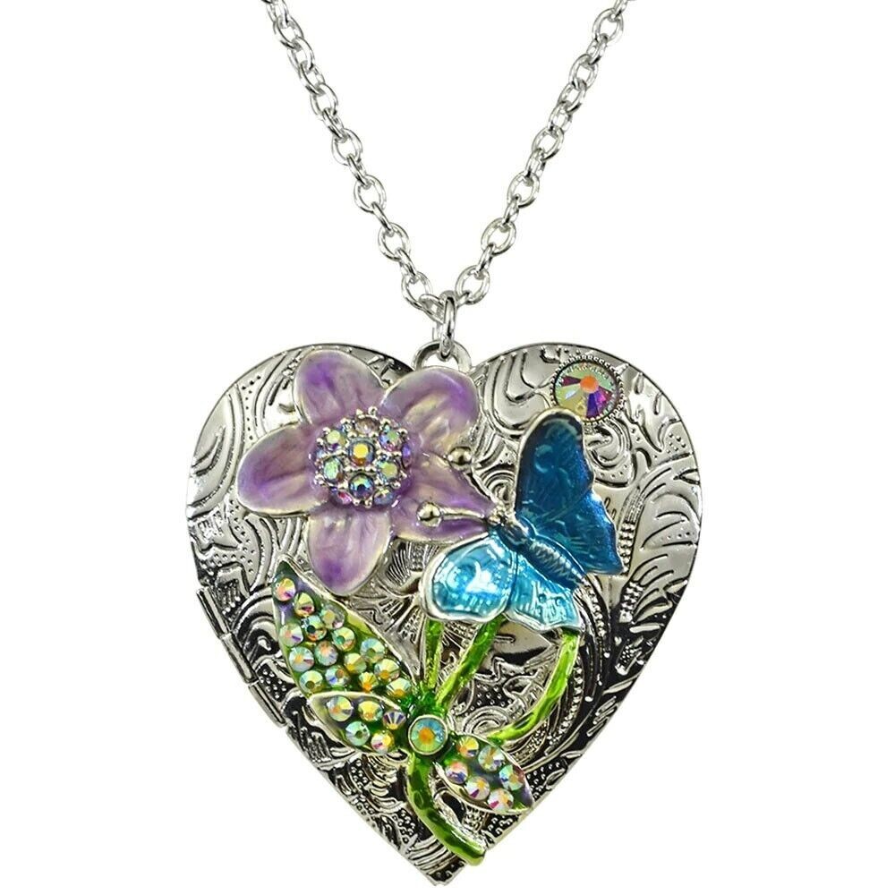 Kirks Folly Enchanted Garden Locket Necklace in Sterling Silver Tone with Floral Design