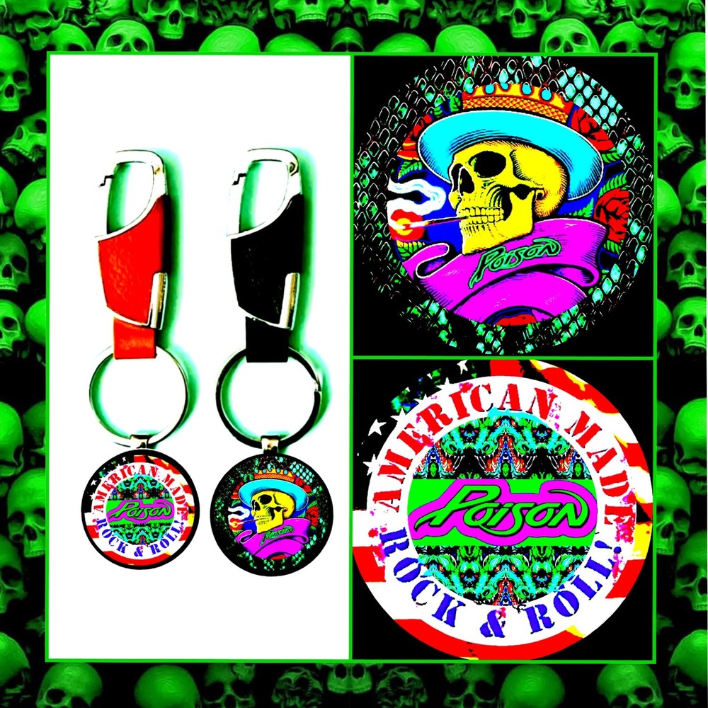 POISON 🐝 AMERICAN MADE🇺🇸 TWO LEATHER KEYCHAINS 🌹