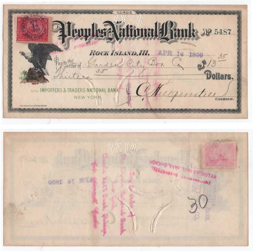 1899 Check, PEOPLES NATIONAL BANK, Rock Island, Illinois