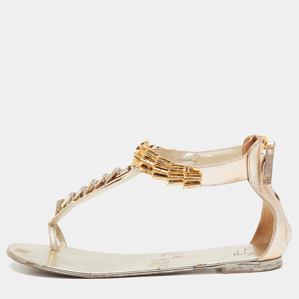 Giuseppe Zanotti Gold Leather Embellished Ankle Strap Flat Sandals Size 41