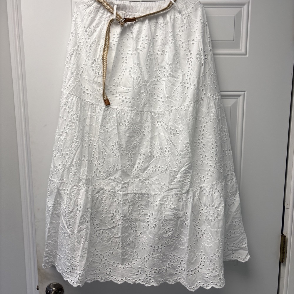 Boho Eyelet Maxi Skirt White Peasant Elastic Waist Beach Festival Italy Size Medium