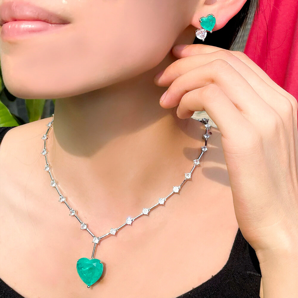 Women Boho Silver Plated Blue Heart Cubic Zirconia Necklace Earrings Jewelry Set