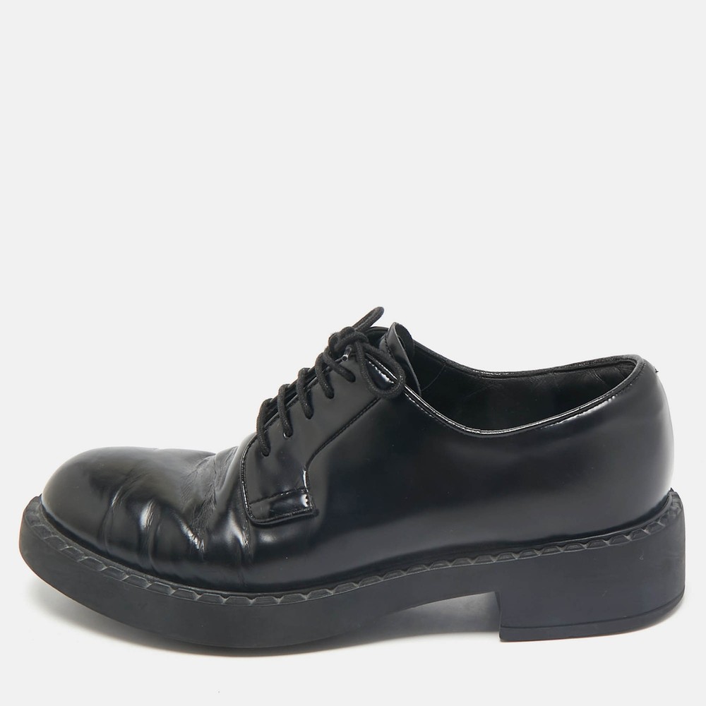 Prada Black Leather Derby Shoes Lace Up Size 38