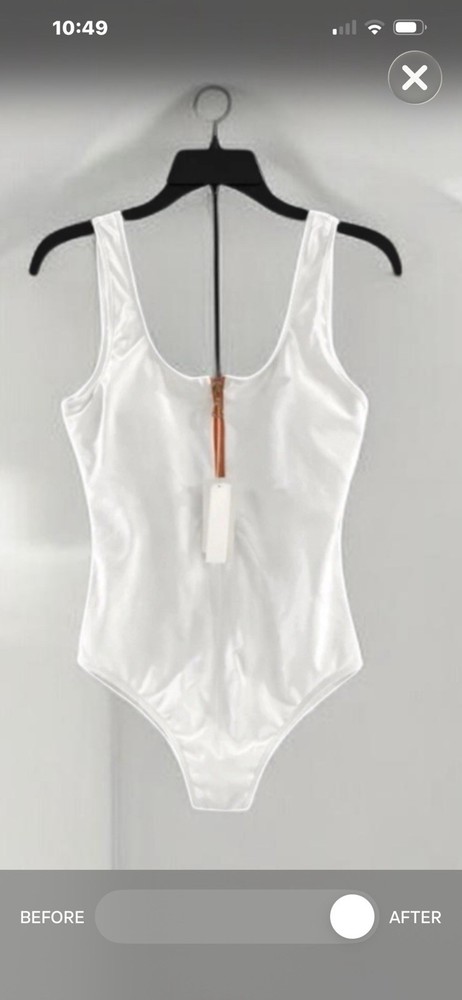 Brazilian Women’s White One Piece Swimsuit Style Zip Front Orange Zipper L NWT