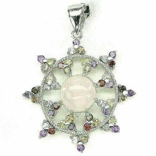 Sterling Silver Pendant with Rose Quartz and Mixed Genuine Gemstones