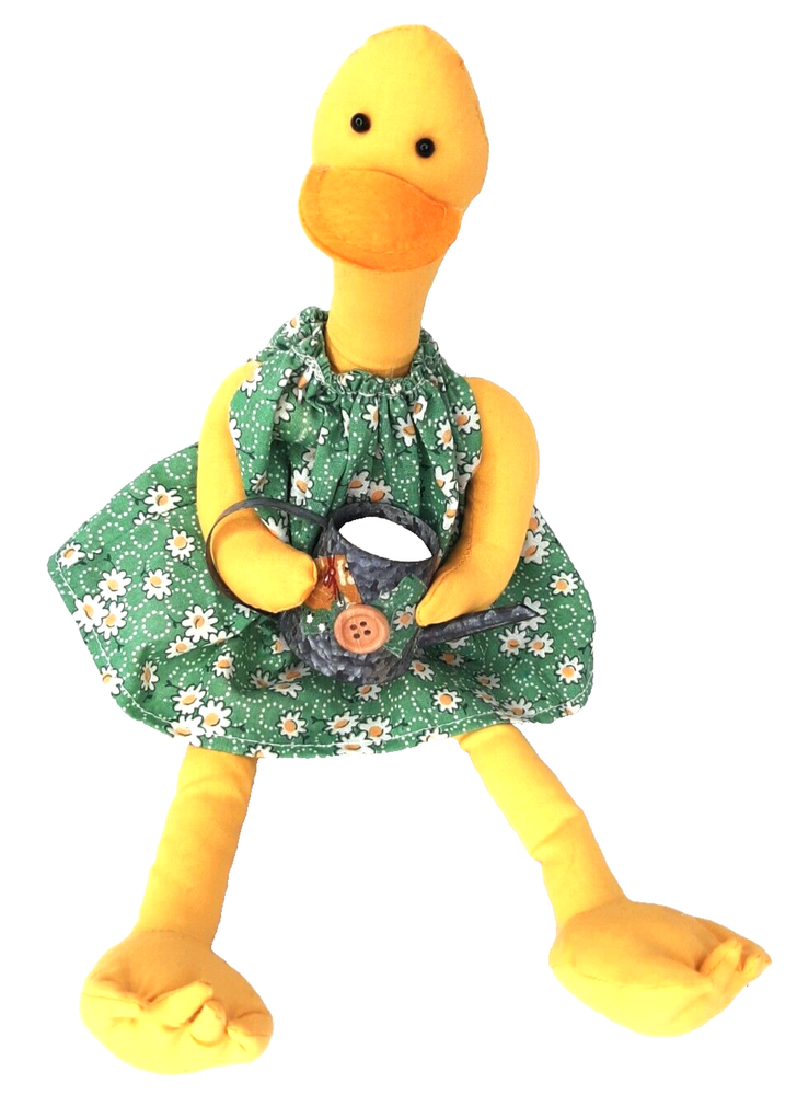 Vintage Yellow Duck Plush Stuffed Animal w/ Green Daisy Dress & Watering Can