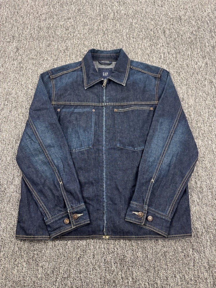 Vtg Gap Denim Jacket Men XL Full Zip Dark Wash 90s Preppy Tucker Coat