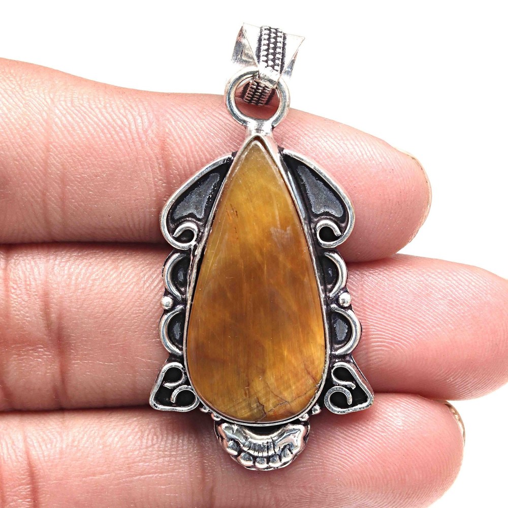 Tiger's Eye Gemstone Silver Pendant Handmade Valentine's Jewelry 2.25 Inch