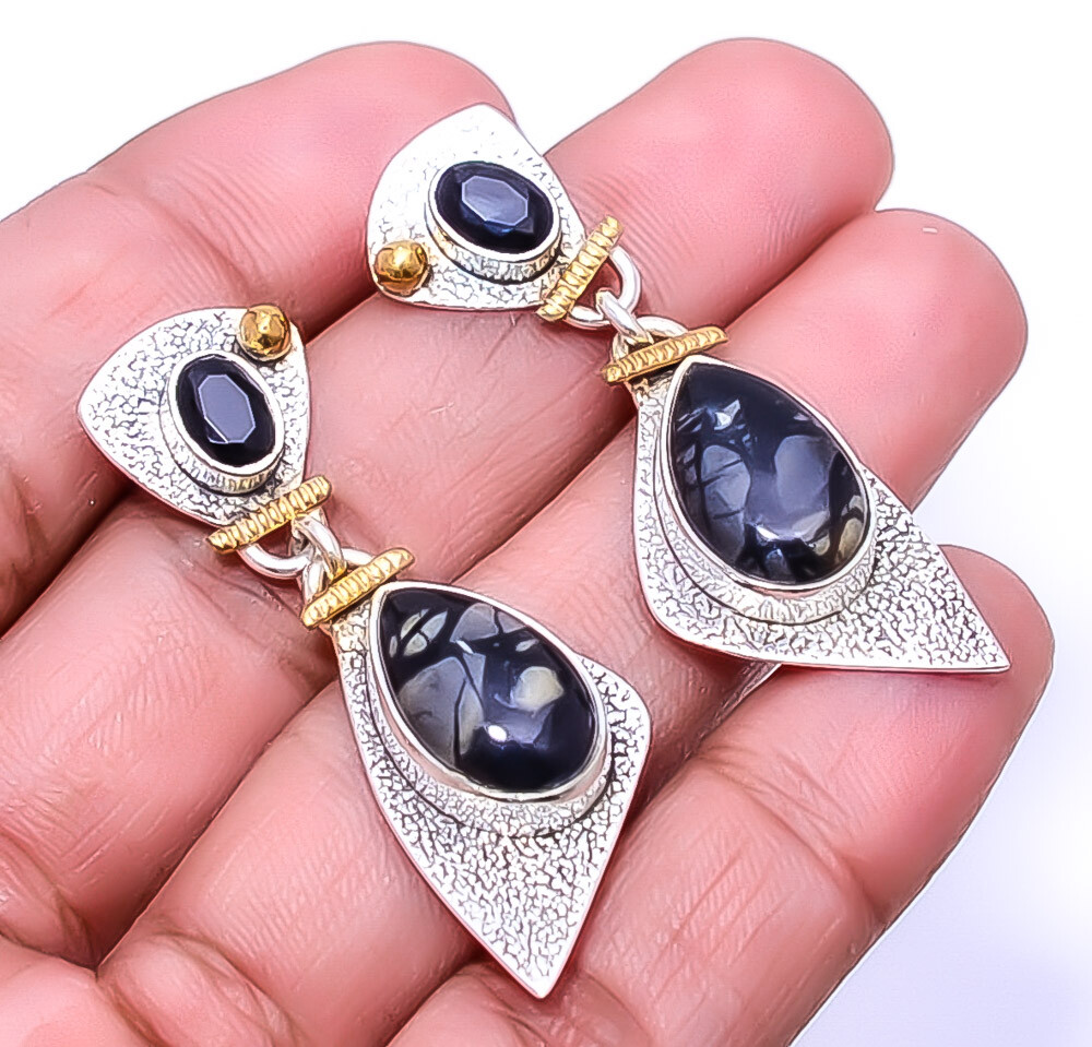 Picasso Jasper - Utah & Black Onyx Designer 925 Sterling Silver Earring 1.75
