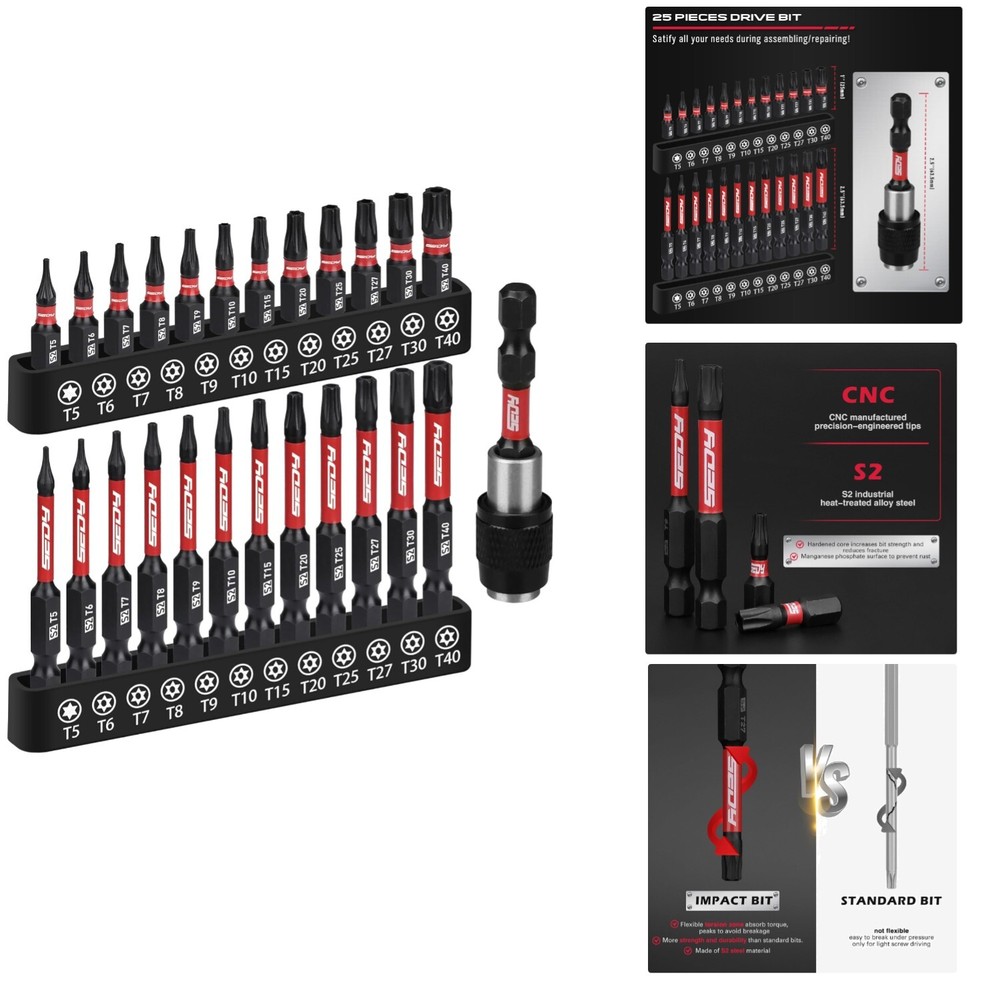 25 Piece Torx Bit Set with 1 and 2.5 Inch Tamper Proof Impact Screwdriver Bits