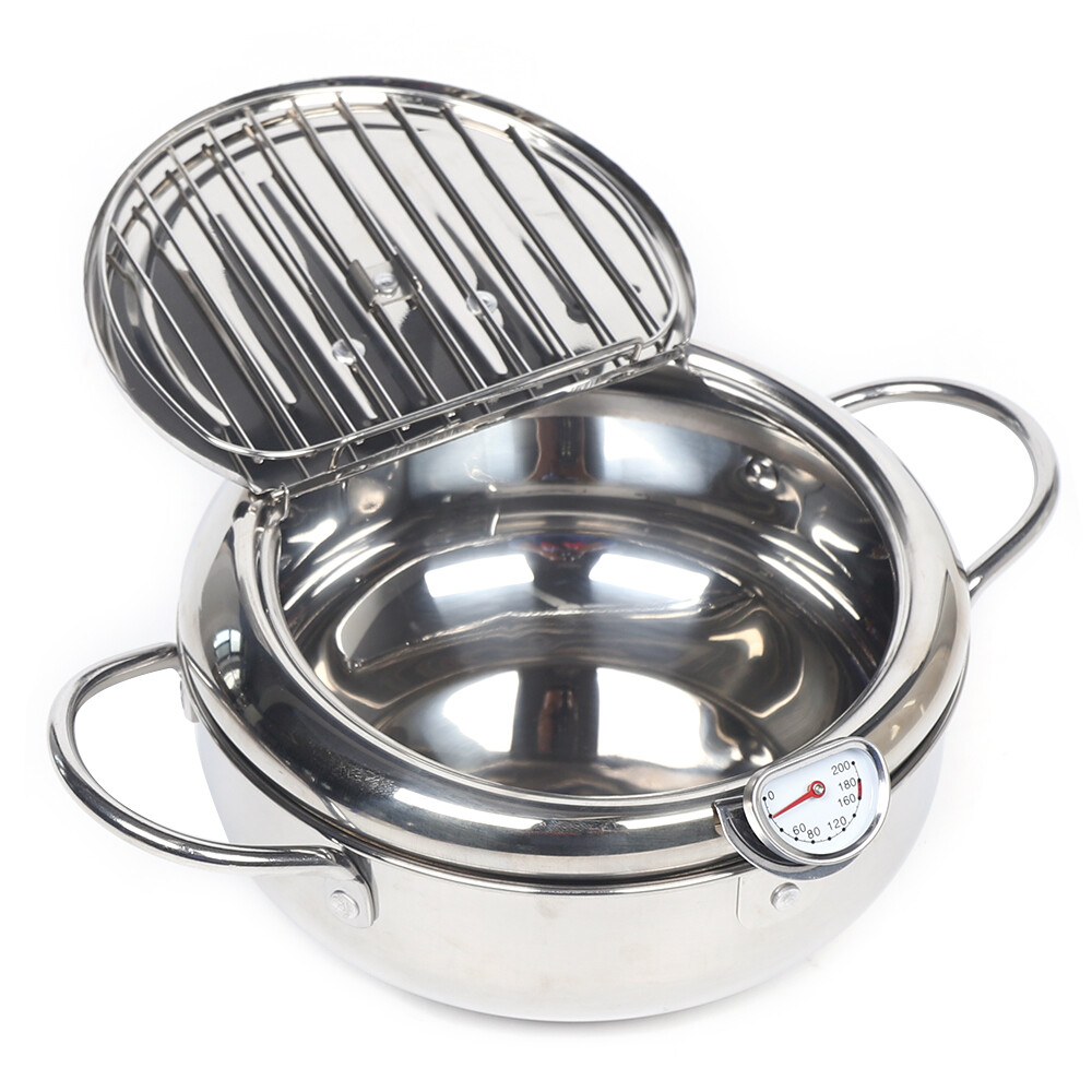 Deep Fryer Pot,304 Stainless Steel W/ Temperature Control & Lid, Deep Frying Pan