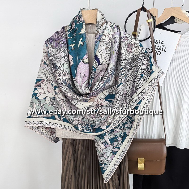 Sallys 70% Cashmere 30% Silk Garden Print Reversible Shawl Scarf 53 Inches Blue Lilac